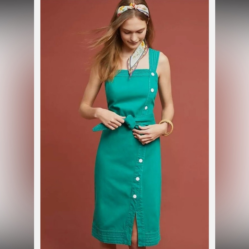 Anthropologie Maeve Green Asymmetric Button Midi Dress
